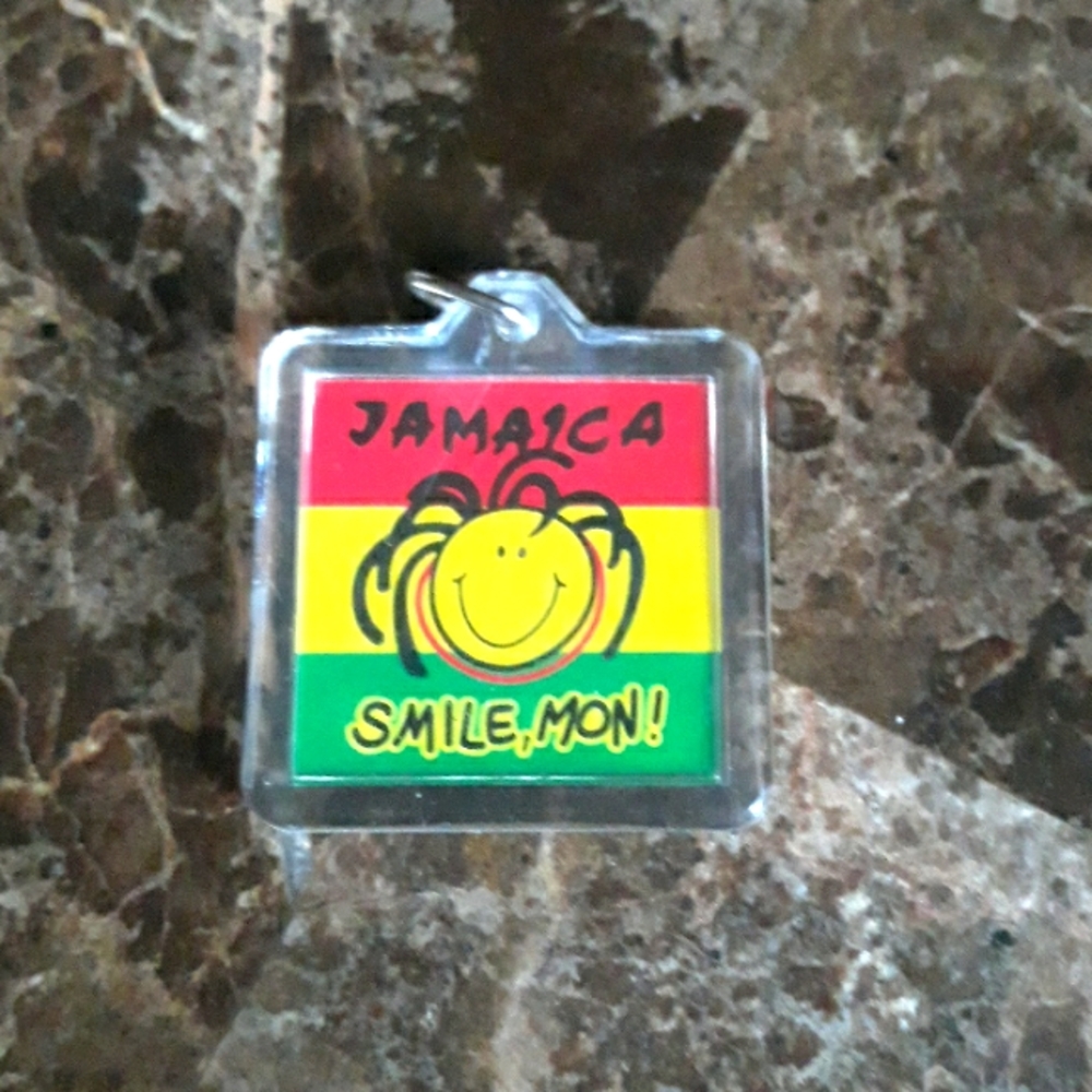 Jamaica Smile, Mon! Keychain. 1.5 inches by 1.5 inches plastic with metal ring
